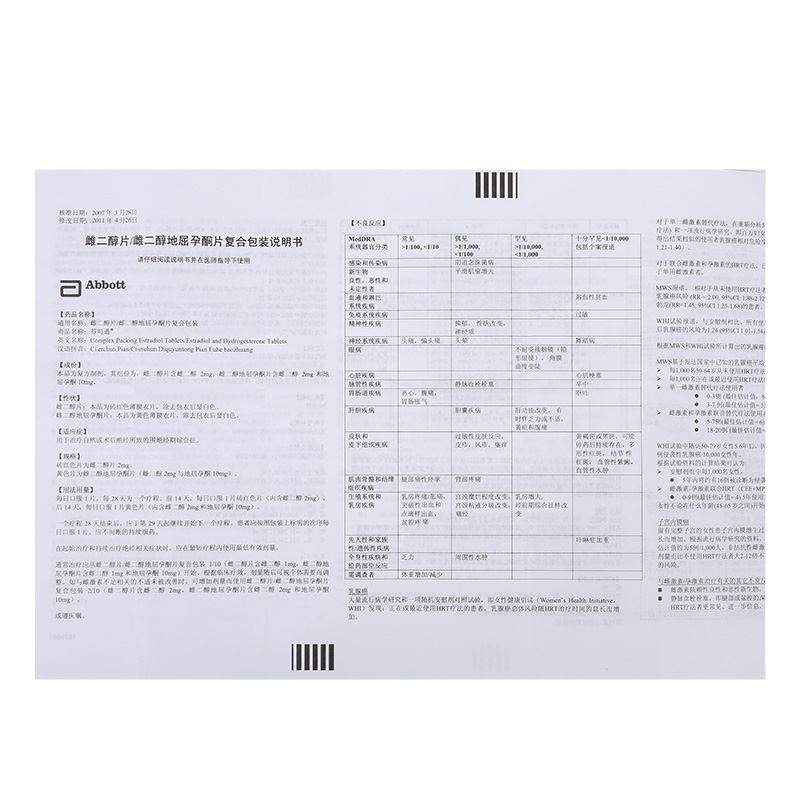 芬嗎通(雌二醇片/雌二醇地屈孕酮片複合包裝)說明書_價格_副作用_尋醫